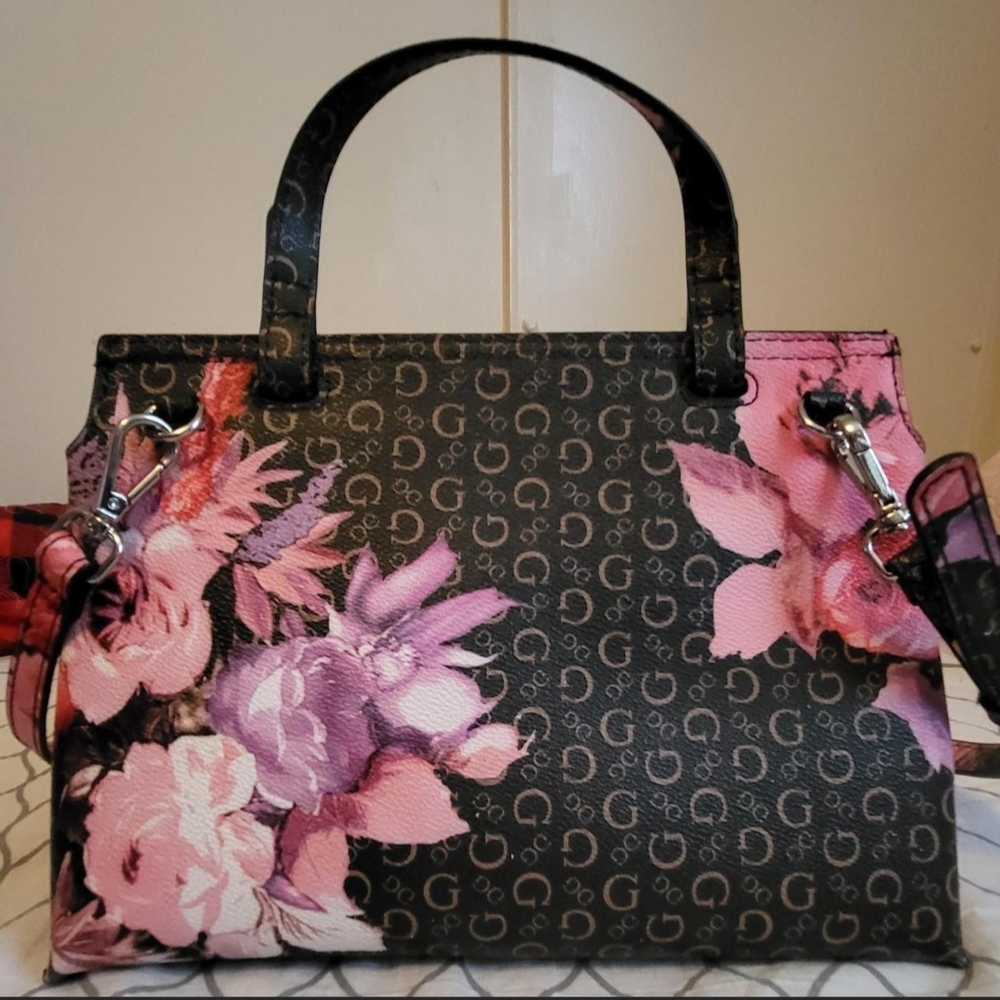 Guess Black and Pink Floral Satchel - Picture 2 of 4
